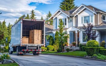 Open moving truck in driveway of suburban house, moving in to new home