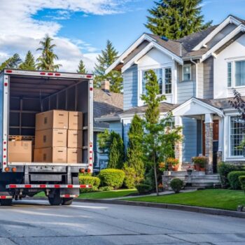 Open moving truck in driveway of suburban house, moving in to new home
